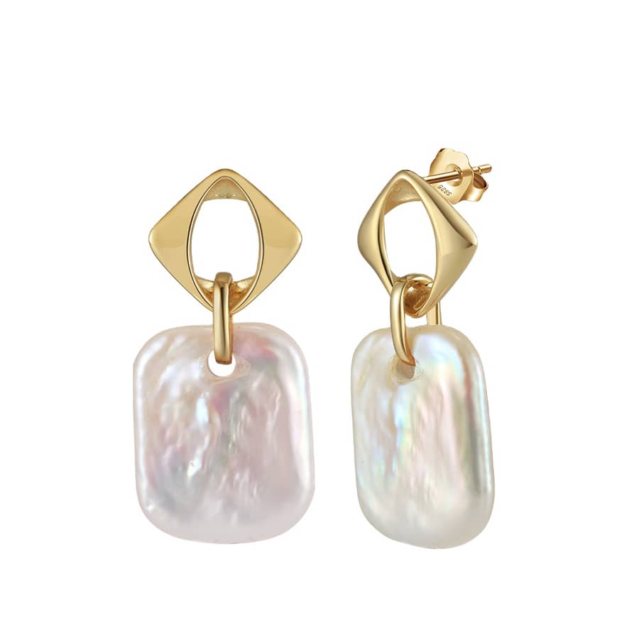 Big Flat Freshwater Pearl Stud Earrings Square Baroque Pearl Dangle Earrings - main