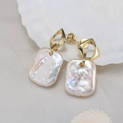 Big Flat Freshwater Pearl Stud Earrings Square Baroque Pearl Dangle Earrings detail 4