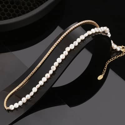 14K Gold Plated Freshwater Pearl Tennis Chain 925 Silver Pearls Necklace detail 1