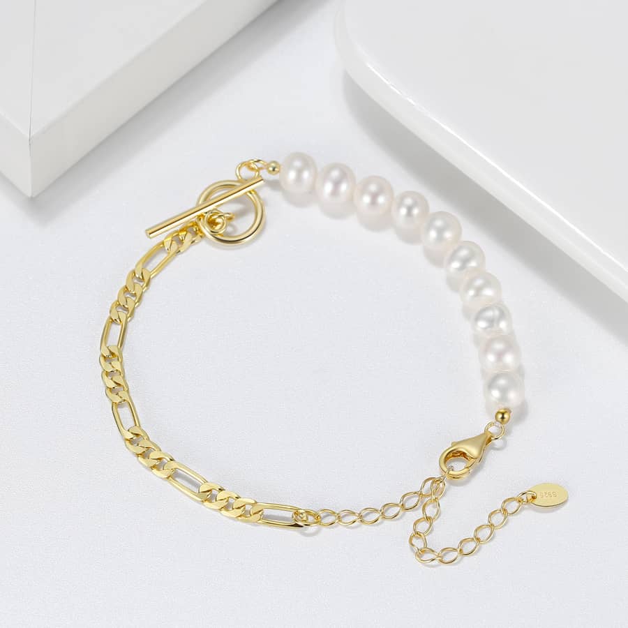 Gold Plated Freshwater Baroque Pearl Bracelet 925 Sterling Silver Adjustable Figaro Chain - main