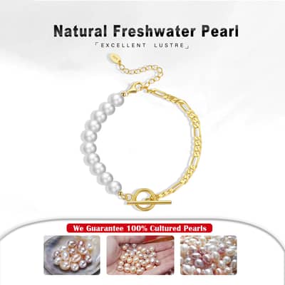 Gold Plated Freshwater Baroque Pearl Bracelet 925 Sterling Silver Adjustable Figaro Chain detail 4