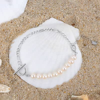 Gold Plated Freshwater Baroque Pearl Bracelet 925 Sterling Silver Adjustable Figaro Chain detail 5