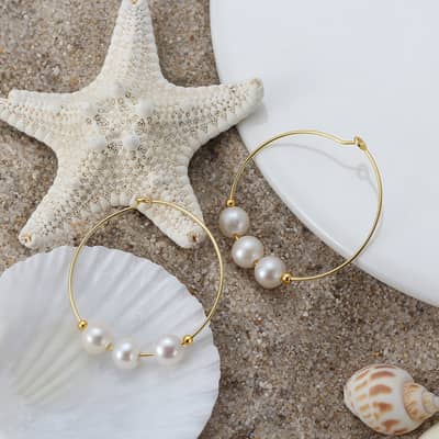 Hoop Earrings with Mabe Pearl Baroque Shape White 925 Sterling Silver 14K Gold Plated detail 4