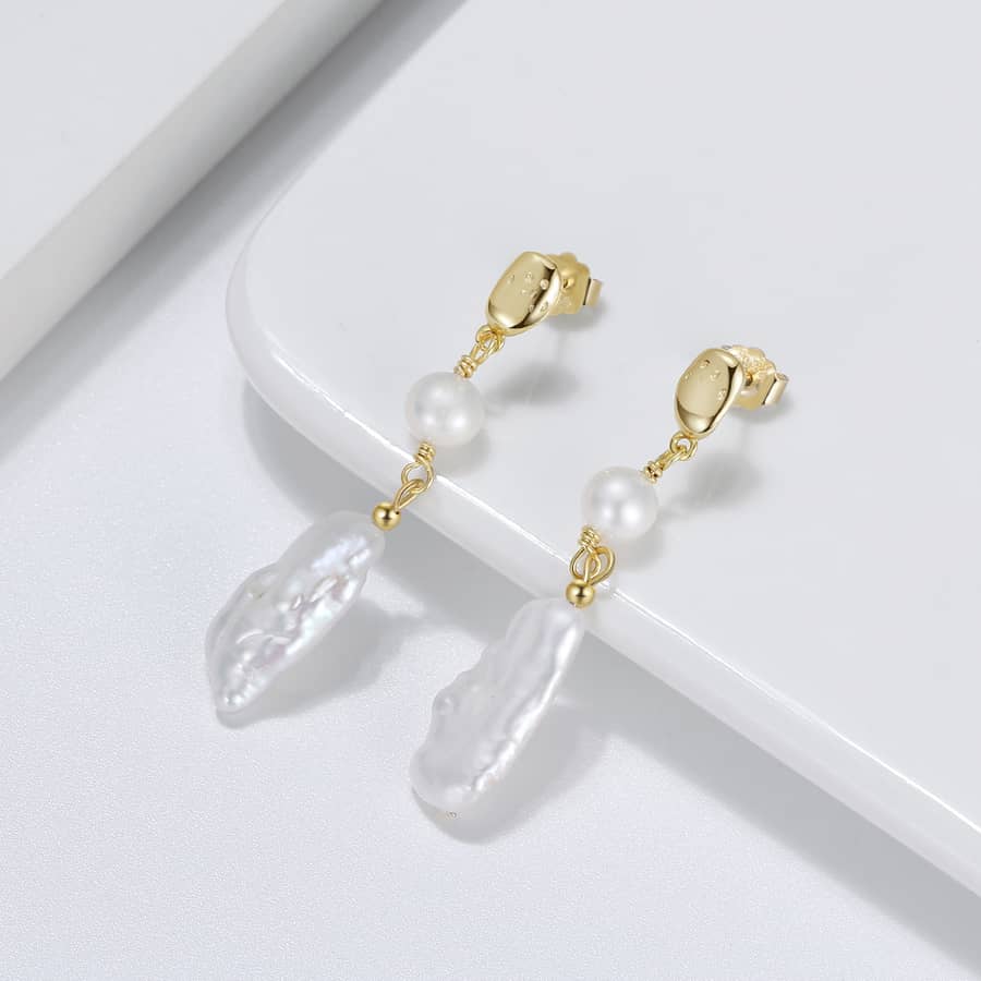 925 Sterling Silver 14K Gold Plate Irregular Baroque Natural Freshwater Pearl Drop Earrings - main