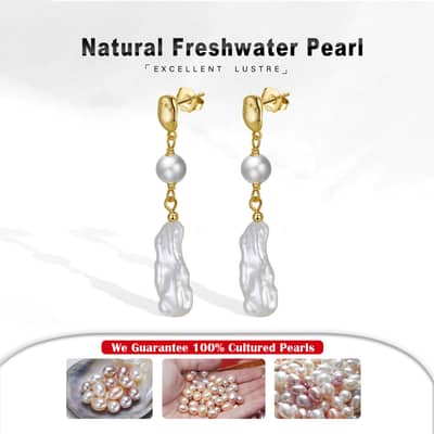 925 Sterling Silver 14K Gold Plate Irregular Baroque Natural Freshwater Pearl Drop Earrings detail 2
