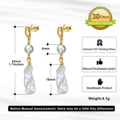 925 Sterling Silver 14K Gold Plate Irregular Baroque Natural Freshwater Pearl Drop Earrings detail 4