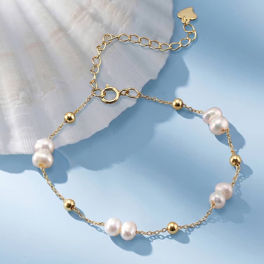 925 Sterling Silver Gold Plated Adjustable Pearl Bracelet - main