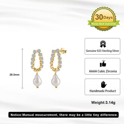 925 Sterling Silver Pearl Drop Zircon Silver Hoop Huggie Earrings detail 4