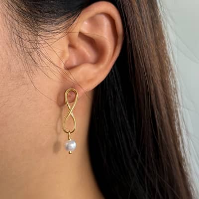 925 Sterling Silver Gold Plated Freshwater Pearl Infinite Dangle Stud Earrings detail 2