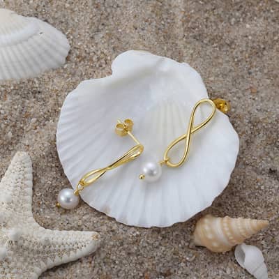 925 Sterling Silver Gold Plated Freshwater Pearl Infinite Dangle Stud Earrings detail 3