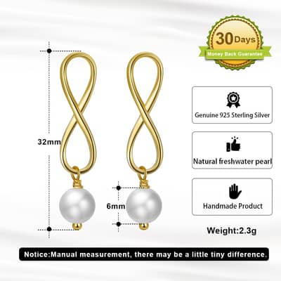 925 Sterling Silver Gold Plated Freshwater Pearl Infinite Dangle Stud Earrings detail 6