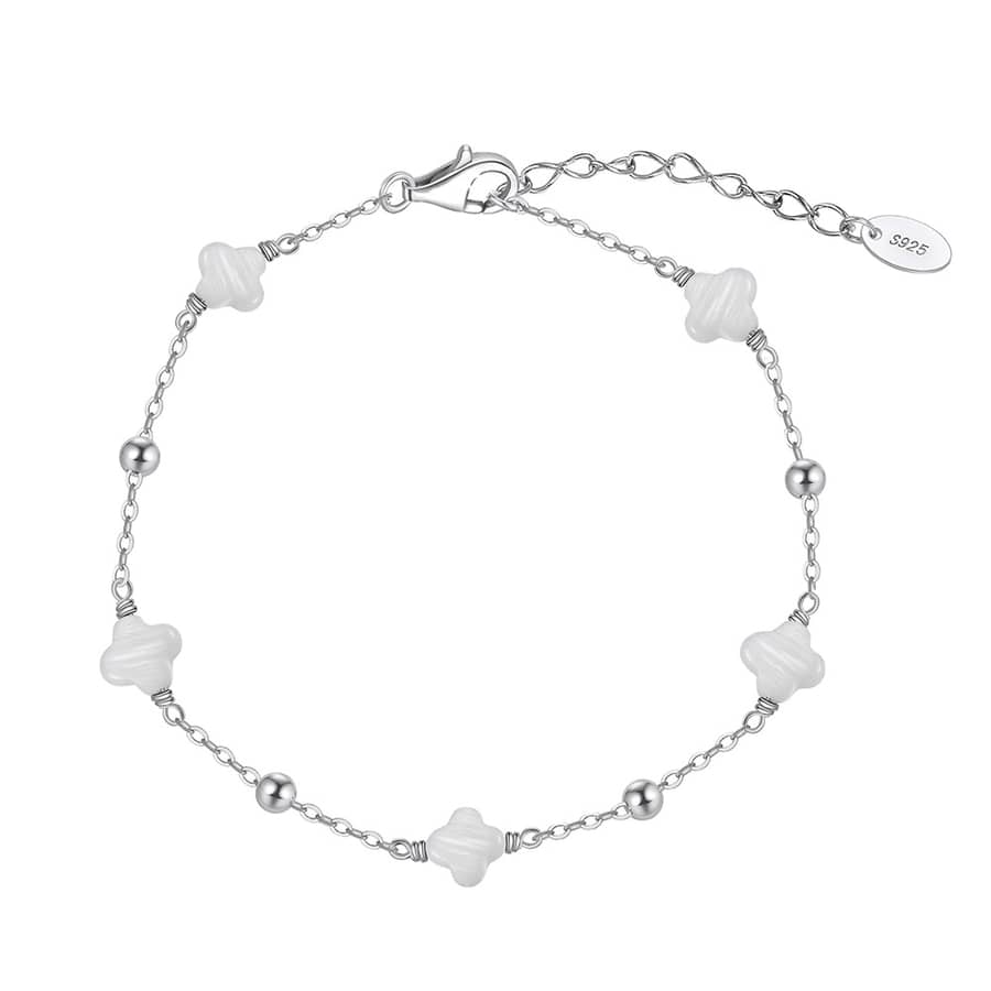 Adjustable 925 Sterling Silver Shell Pearl Four Leaf Bracelet Rhodium Plated Four Clover Bracelet - main