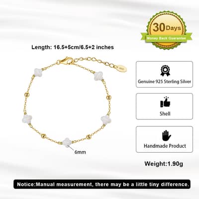 Adjustable 925 Sterling Silver Shell Pearl Four Leaf Bracelet Rhodium Plated Four Clover Bracelet detail 5