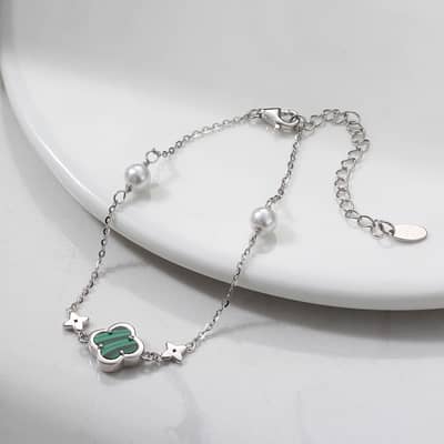 Double Sided 925 Silver Malachite Four Leaf Clover Pearl Bracelet detail 1