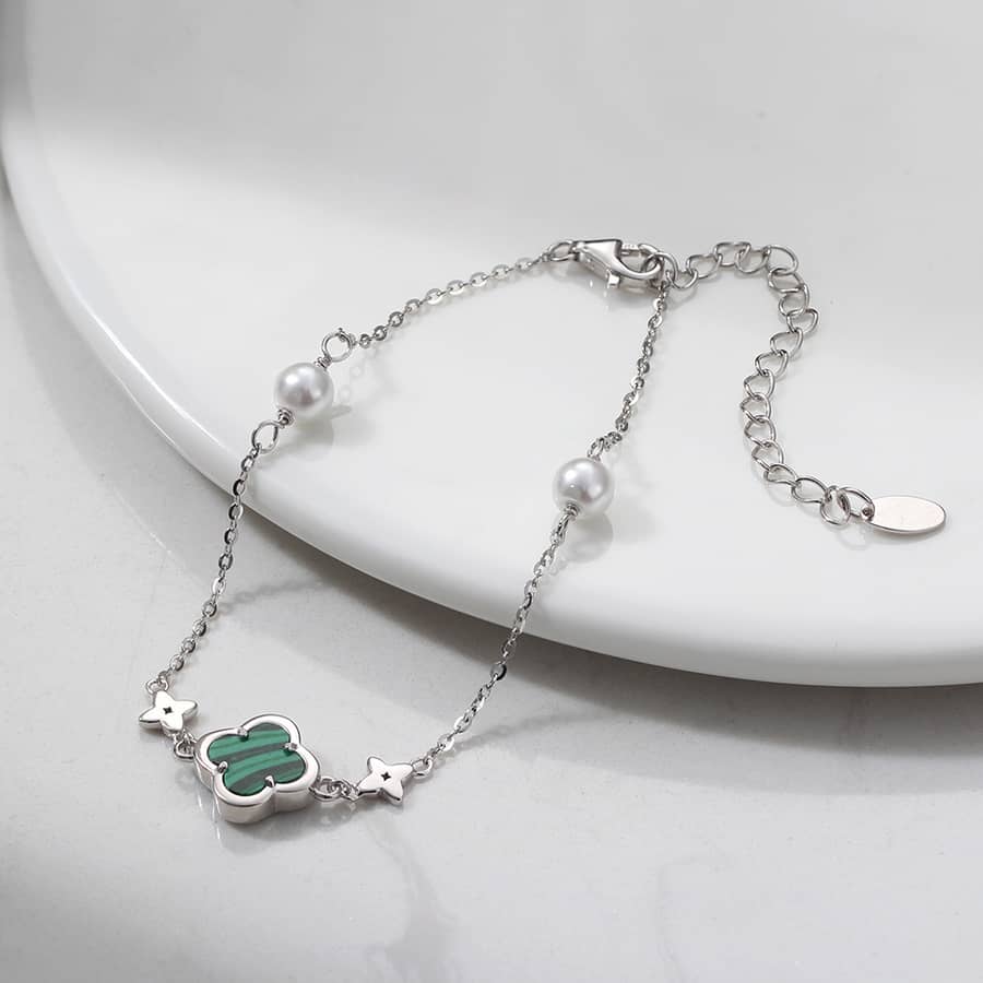 Double Sided 925 Silver Malachite Four Leaf Clover Pearl Bracelet - main