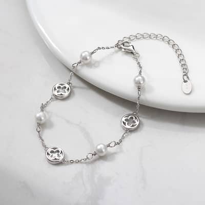 925 Silver Gold Plated Shell Pearls Lucky Clover Bracelet detail 1