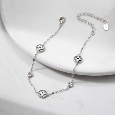 Rhodium Plated 925 Silver Four Leaf Clover Bracelet Black Shell Pearl detail 1