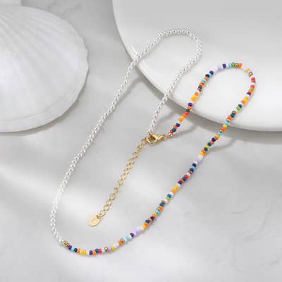 Boho Handmade Beaded Choker Colorful Half Bead Half Pearl Necklace detail 2