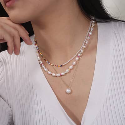 Boho Handmade Beaded Choker Colorful Half Bead Half Pearl Necklace detail 3