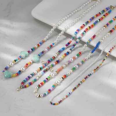Boho Handmade Beaded Choker Colorful Half Bead Half Pearl Necklace detail 4
