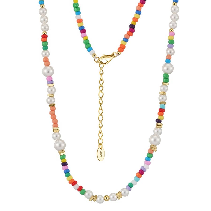 14K Gold Plated 925 Sterling Silver Bohemia Colorful Glass Beads Freshwater Shell Pearl Beaded Necklace - main