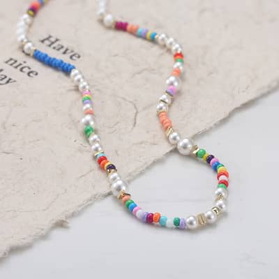 14K Gold Plated 925 Sterling Silver Bohemia Colorful Glass Beads Freshwater Shell Pearl Beaded Necklace detail 2