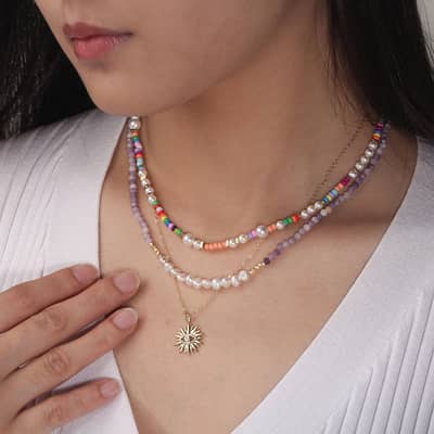 14K Gold Plated 925 Sterling Silver Bohemia Colorful Glass Beads Freshwater Shell Pearl Beaded Necklace detail 4