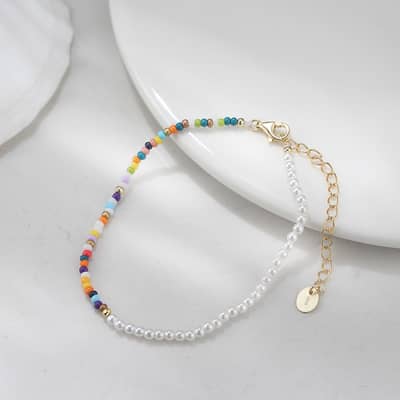 Colorful Tiny Seed Beaded Adjustable Bracelet, Boho Summer Half Pearl Bangle detail 1