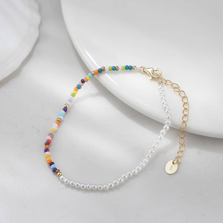 Colorful Tiny Seed Beaded Adjustable Bracelet, Boho Summer Half Pearl Bangle - main