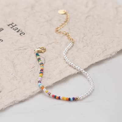 Colorful Tiny Seed Beaded Adjustable Bracelet, Boho Summer Half Pearl Bangle detail 2