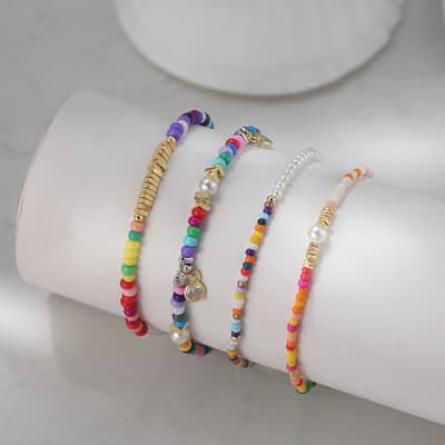 Colorful Tiny Seed Beaded Adjustable Bracelet, Boho Summer Half Pearl Bangle detail 4