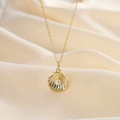 Fashion 925 Sterling Silver Freshwater Pearl 14K Gold Plated Shell Pendant Necklace detail 1