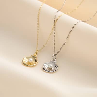 Fashion 925 Sterling Silver Freshwater Pearl 14K Gold Plated Shell Pendant Necklace detail 2
