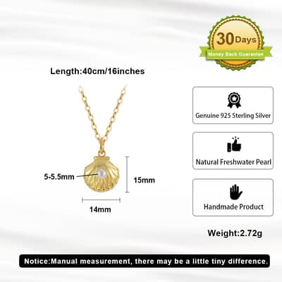 Fashion 925 Sterling Silver Freshwater Pearl 14K Gold Plated Shell Pendant Necklace detail 5