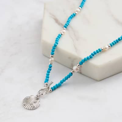 Ocean Theme 14K Gold Plated Turquoise Pearl Beaded Necklace 925 Sterling Silver Shell Pendant Chain detail 3