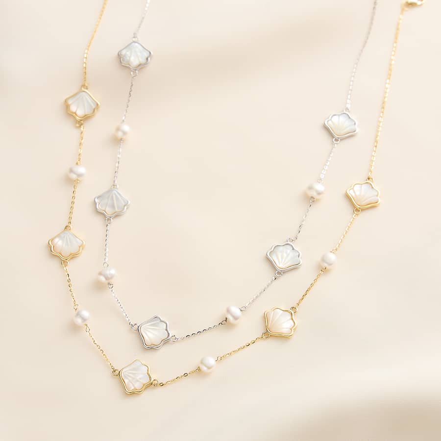 Ocean Series White Pearl Necklace 925 Sterling Silver 14K Gold Plated Seashell Charm - main