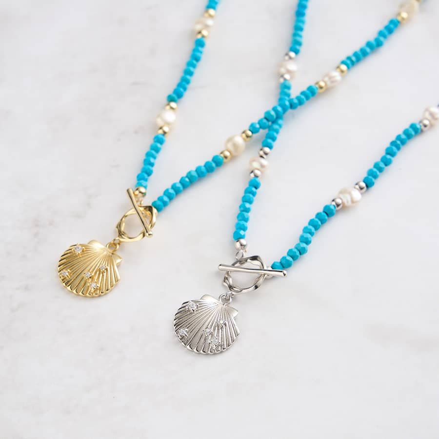 Natural Turquoise Beaded Necklace 925 Sterling Silver Handmade Freshwater Pearl Shell Pendant - main