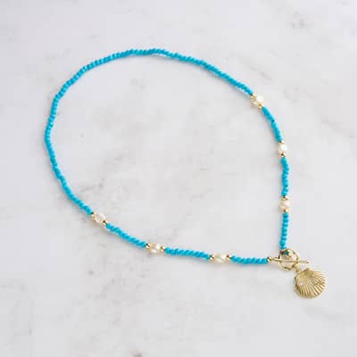 Natural Turquoise Beaded Necklace 925 Sterling Silver Handmade Freshwater Pearl Shell Pendant detail 2