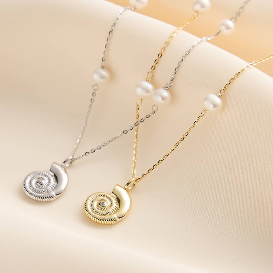 Freshwater Pearl Chain Necklace 14K Gold Plated 925 Sterling Silver with Diamond Conch Shell Pendants - main