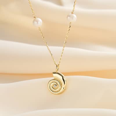 Freshwater Pearl Chain Necklace 14K Gold Plated 925 Sterling Silver with Diamond Conch Shell Pendants detail 2