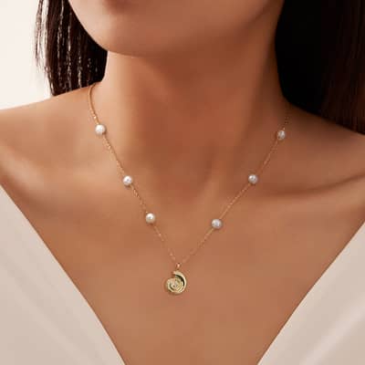 Freshwater Pearl Chain Necklace 14K Gold Plated 925 Sterling Silver with Diamond Conch Shell Pendants detail 4