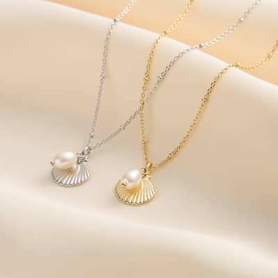Trendy 14K Gold Plated Summer Shell Pendant Dainty Necklace 925 Sterling Silver Baroque Pearl detail 2