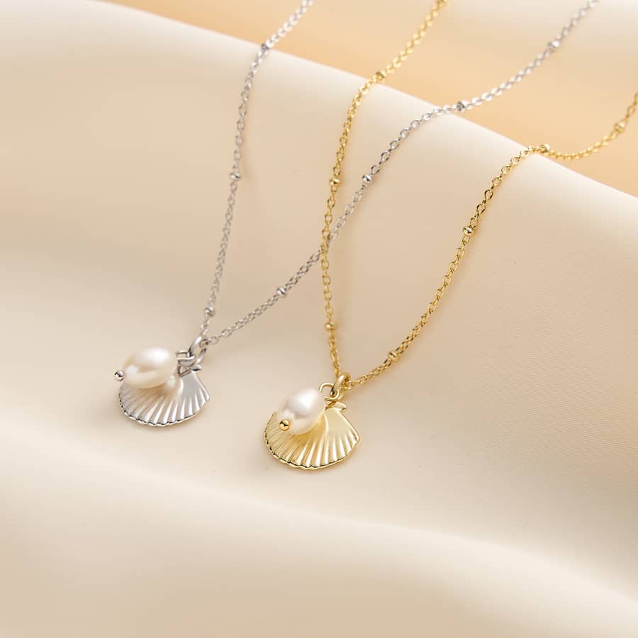 14K Gold Plated Baroque Pearl Necklace Shell Pendant 925 Sterling Silver - main