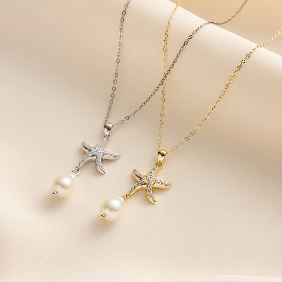 Summer Beach Fashion 925 Sterling Silver Zircon Starfish Pearl Pendant Necklace - main