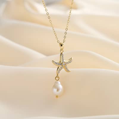 Summer Beach Fashion 925 Sterling Silver Zircon Starfish Pearl Pendant Necklace detail 2