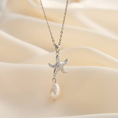 Summer Beach Fashion 925 Sterling Silver Zircon Starfish Pearl Pendant Necklace detail 4