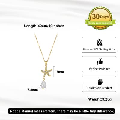 Summer Beach Fashion 925 Sterling Silver Zircon Starfish Pearl Pendant Necklace detail 5