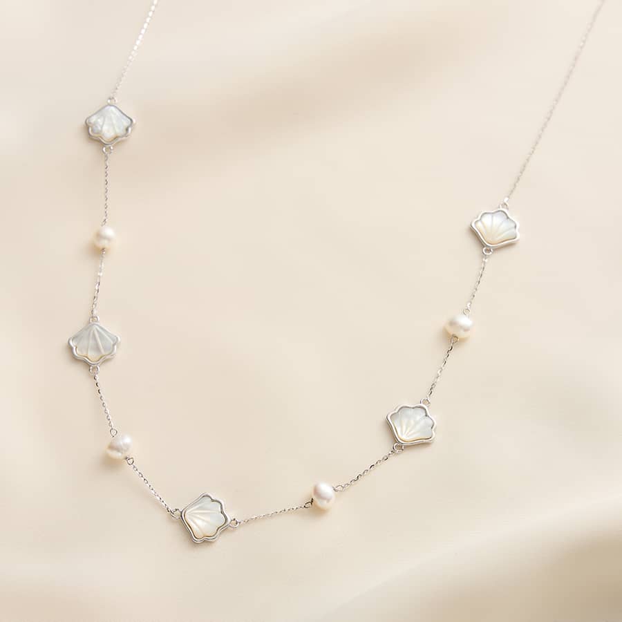 925 Sterling Silver 14K Gold Plated Shell Pearl Choker Necklace Dainty Shell Pendant - main