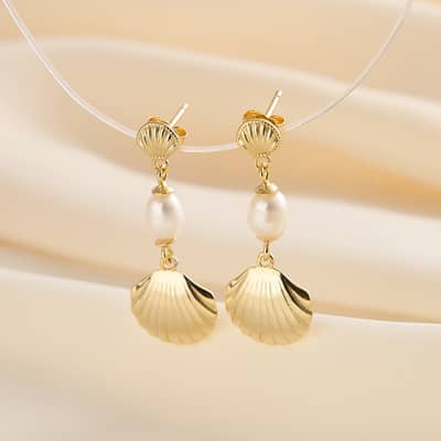 925 Silver Beach Scallop Cowrie Conch Shell Drop Earrings detail 1