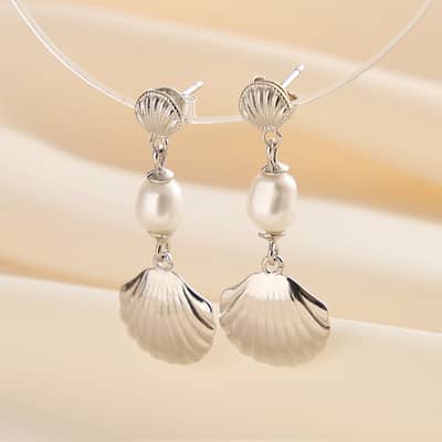 925 Silver Beach Scallop Cowrie Conch Shell Drop Earrings detail 3